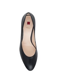 Svart läder hög klackskor med spetsig tå, öppna sidor och en slät yta. Inre foder är ljusbeige med en varumärkeslogotyp.