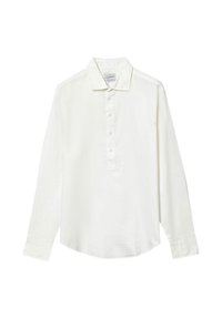 Weißes Langarmhemd aus Baumwolle mit einer Knopfleiste, klassischem Kragen und leicht abgerundetem Saum. Glatte Textur, minimalistisches Design.
