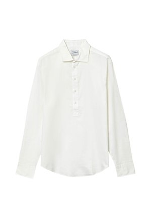 Camicetta bianca a maniche lunghe in cotone, con chiusura a bottoni, colletto classico e orlo leggermente curvo. Texture liscia, design minimalista.