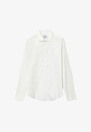Weißes Langarmhemd aus Baumwolle mit einer Knopfleiste, klassischem Kragen und leicht abgerundetem Saum. Glatte Textur, minimalistisches Design.
