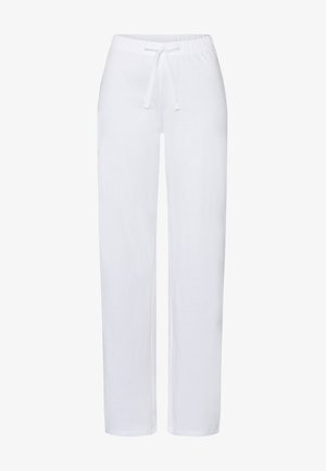 Białe, lekkie spodnie piżamowe o miękkiej fakturze, z elastycznym pasem i sznurkiem do regulacji. Prosty krój nogawek bez kieszeni.
