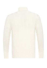 Maglione color crema a trecce con collo alto. Presenta un motivo strutturato e polsini e orlo a costine. Nessuna etichetta o marchio visibile.