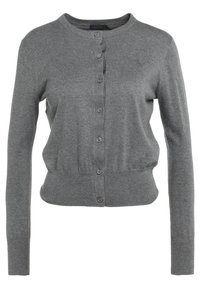 Harmaa neuletakki pehmeästä neulosmateriaalista. Ominaisuuksiin kuuluu pyöreä kaula-aukko, pitkät hihat, etupuolen napitus ja istuvampi vyötärönauha. Hienovarainen logotunnus.