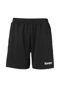 Zwarte sportshorts gemaakt van lichtgewicht materiaal, met een elastische tailleband en een wit "Kempa"-logo op de voorkant.