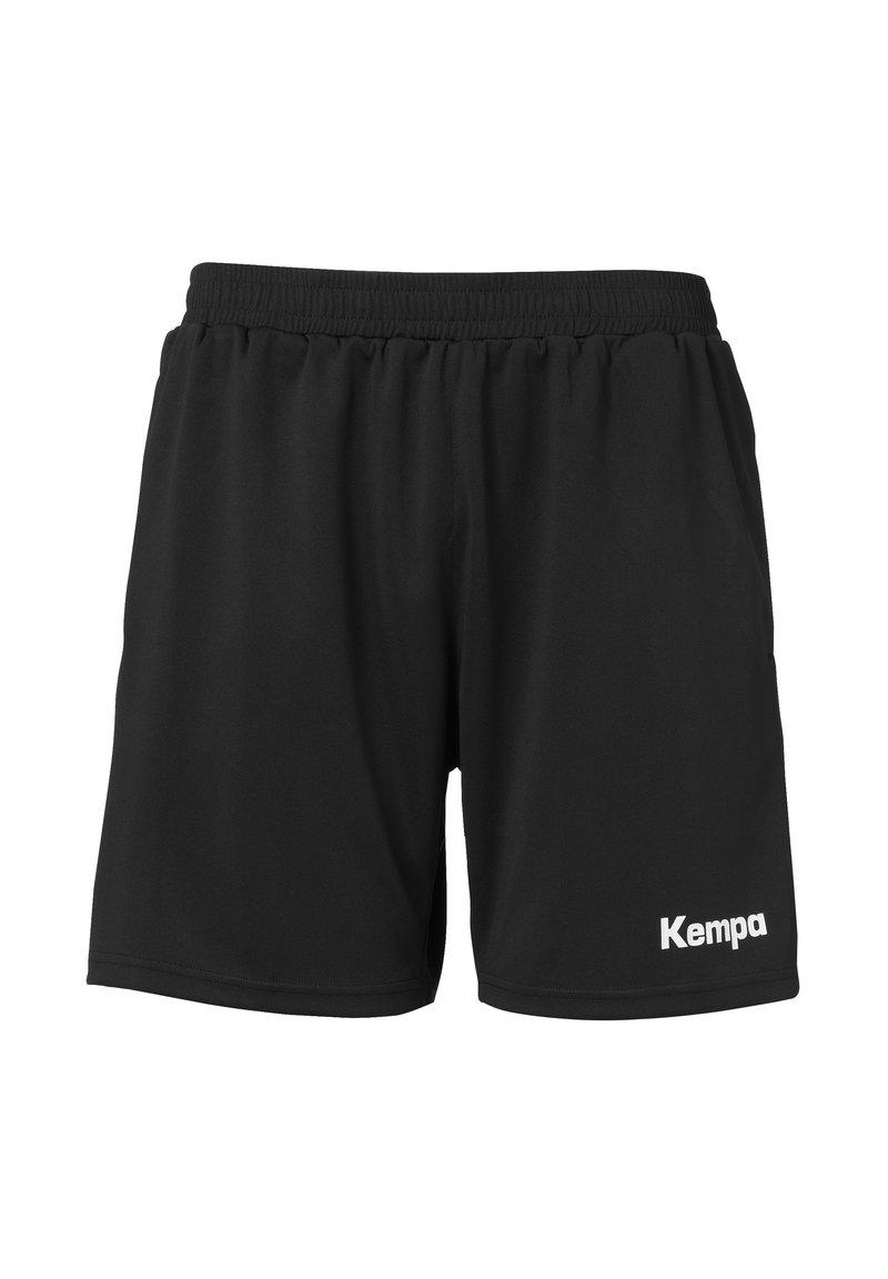 Zwarte sportshorts gemaakt van lichtgewicht materiaal, met een elastische tailleband en een wit "Kempa"-logo op de voorkant.