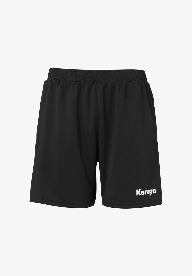 Pantaloni corti sportivi neri realizzati in materiale leggero, dotati di una cintura elastica e di un logo "Kempa" bianco sulla parte anteriore.
