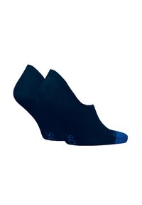 Schwarze Knöchelsocken mit niedrigem Schnitt, mit einer einfarbigen dunkelblauen Spitze und blauem Logo an der Seite. Aus weichem, glattem Material gefertigt.