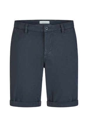 Dunkelblaue, legere Shorts mit Knopfverschluss, Gürtelschlaufen und aufgerolltem Saum.