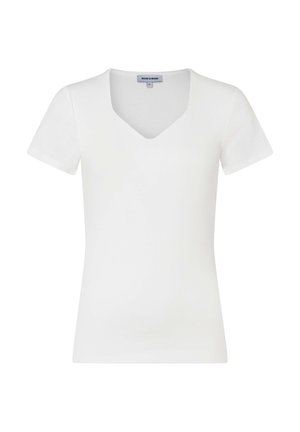 Haut à manches courtes en tricot côtelé blanc avec col en V et silhouette ajustée, taille petite, présenté sur fond blanc.