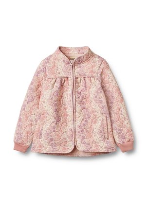 Veste matelassée avec un motif floral dans des tons de rose et de lavande, dotée d'une fermeture éclair à l'avant, de poignets élastiqués et de poches latérales.