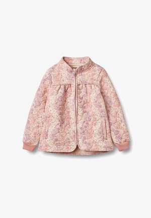 Giacca trapuntata con motivo floreale in tonalità rosa e lavanda, dotata di cerniera frontale, polsini elasticizzati e tasche laterali.