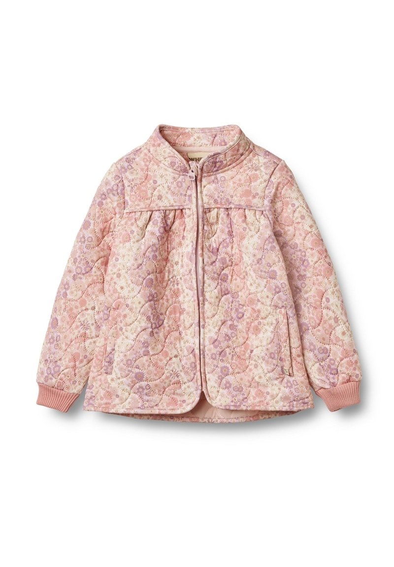 Vaatteet tikattu takki kukkakuviolla vaaleanpunaisissa ja laventelinvärisissä sävyissä, jossa on vetoketjukiinnitys edessä, joustavat hihansuut ja sivutaskut.