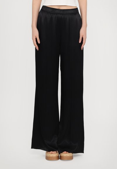 Black wide-leg pants made of smooth, lightweight fabric with an elastic waistband, featuring a flowing design and subtle sheen.