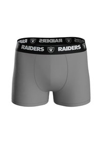Boxer briefs de color gris para hombre con una cinturilla negra que presenta "RAIDERS" en letras blancas y un logo del equipo. Textura suave, diseño ajustado.