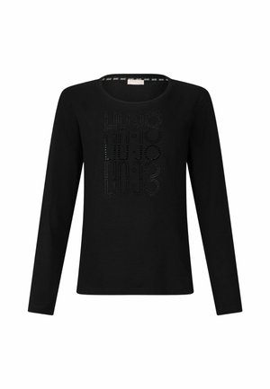 Schwarzes Langarm-T-Shirt aus weicher Baumwolle. Hat einen runden Ausschnitt und ein strukturiertes Logo-Design in glänzender Ausführung auf der Vorderseite.