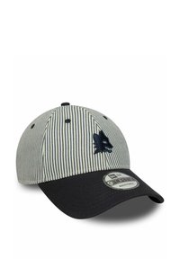 Gestreifte Baseballmütze in Marineblau und Weiß, mit einem gestickten Wolfslogo und einem schwarzen Schirm. Verstellbarer Snapback-Verschluss.