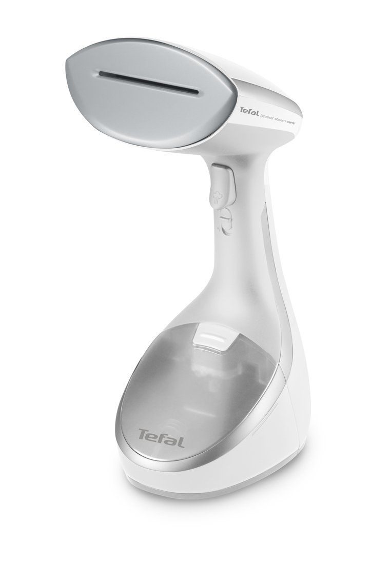 Tefal Handdampfbügeleisen aus weißem Kunststoff mit einem grauen Dampfkopf, ausgestattet mit einem transparenten Wassertank und einem Auslöser für die Dampfabgabe.