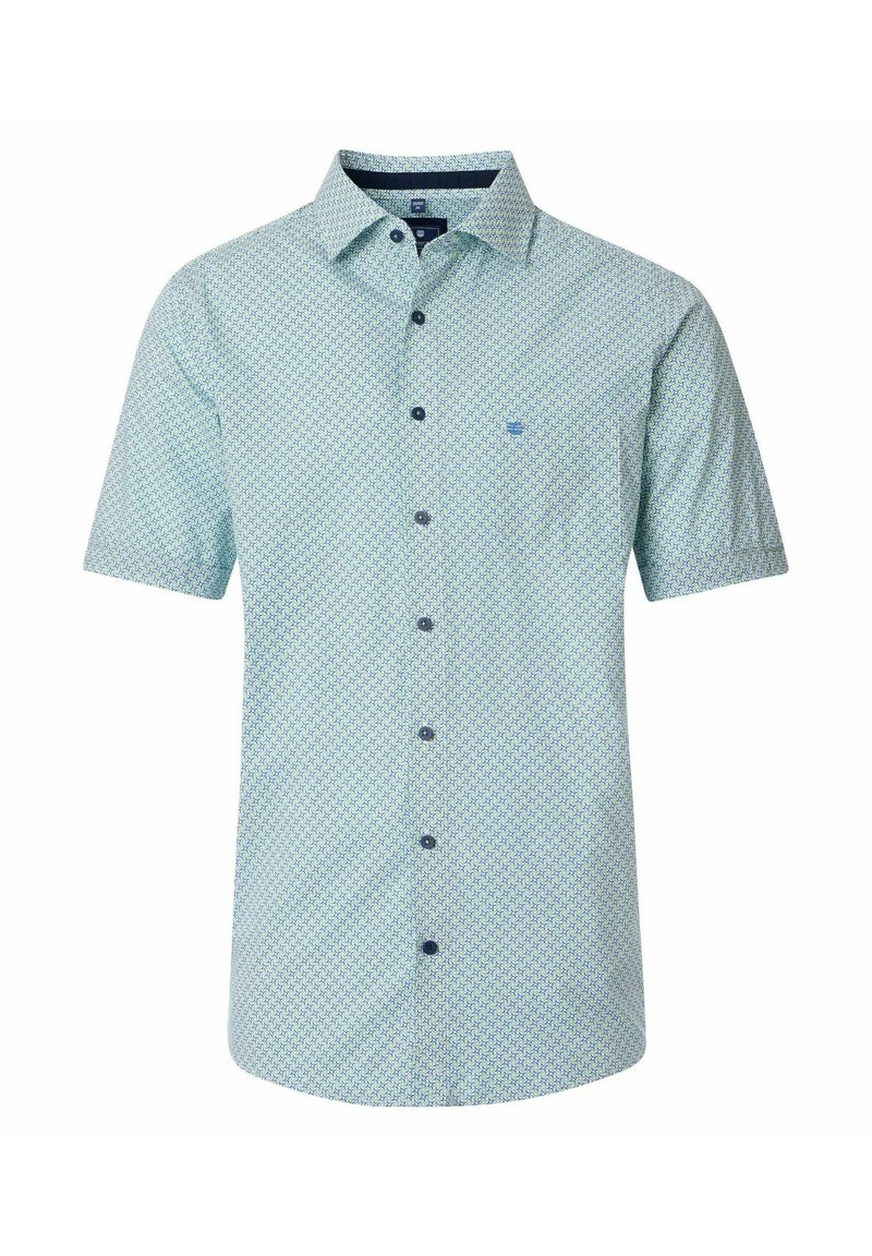 Koszula z krótkim rękawem w jasnoniebieskim kolorze, z geometrycznym wzorem, zapinana na guziki z subtelnym logo na piersi. Teksturowana tkanina.