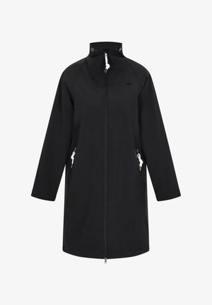 Mustat pitkät takit pehmeästä kankaasta. Ominaisuuksiin kuuluu korkea kaulus, vetoketjukiinnitys ja kaksi sivuista vetoketjullista taskua valkoisilla naruilla.