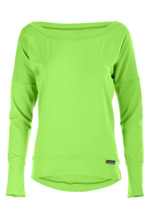 Long-sleeve sweatshirt in bright green, made of stretchy fabric. Features a wide neckline and a slightly curved hem with logo label on the side.