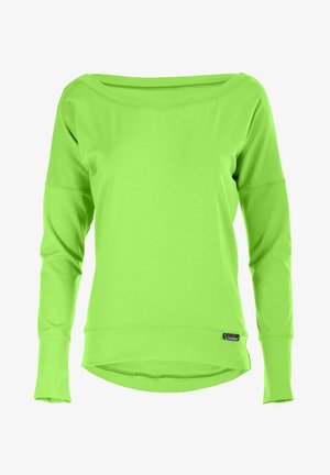 Langarm sweatshirt in felgroen, gemaakt van rekbare stof. Kenmerkt zich door een brede halslijn en een licht gebogen zoom met logo-label aan de zijkant.