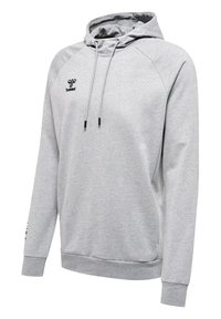 Szara bluza z kapturem i sznurkami, z raglanowymi rękawami oraz logo na piersi. Teksturowany materiał z prążkowanym dołem i mankietami.