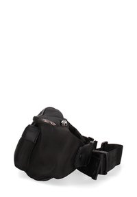 Borsa a tracolla nera realizzata in tessuto testurizzato, con una cerniera argentata, una tracolla regolabile e un design compatto e arrotondato per un facile trasporto.