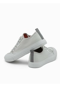Lichtgrijze canvas sneakers met een ronde neus, platte rubberen zool en een grijze hieltab; voorzien van een vetersluiting aan de voorkant en een subtiele merkdetail.