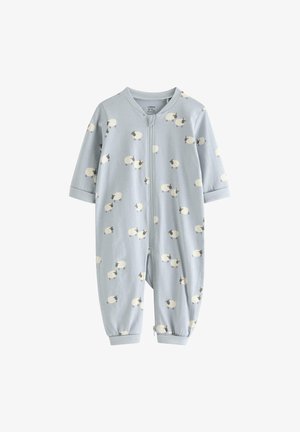 Lyseblå baby heldragt med lange ærmer, lynlås foran og hvidt får mønster over hele stoffet.
