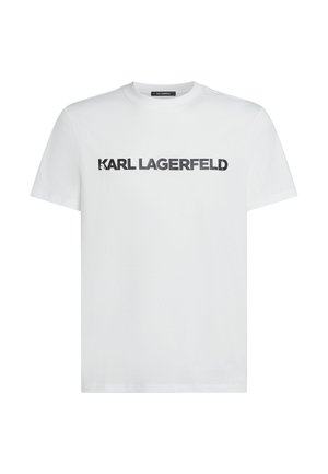 Biała bawełniana koszulka z wyraźnym czarnym napisem "KARL LAGERFELD" na piersi. Klasyczny fason z okrągłym dekoltem i krótkimi rękawami.