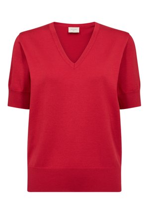 Rood gebreide trui met korte mouwen en V-hals, voorzien van geribbelde boorden en zoom, getoond op een effen witte achtergrond.