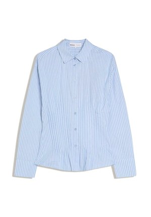 Light blue vertically striped long-sleeve button-up shirt with collar, fitted waist, and cuffs, laid flat on white background.