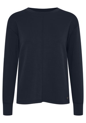 Navy long-sleeve shirt in soft fabric with a round neckline, dropped shoulders, and stitched detailing down the front. Features a logo accent.