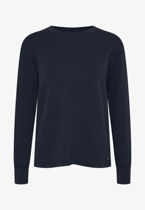 Marineblauw langemouwshirt van zachte stof met een ronde halslijn, verlaagde schouders en gestikte details aan de voorkant. Heeft een logoaccent.