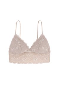 Lace bralette in light beige with triangular cups, thin adjustable straps, and floral pattern. Soft texture with a scalloped hem.