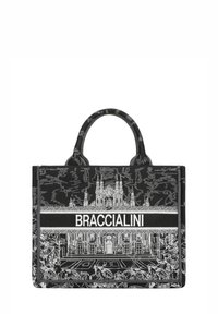 Borsa in tessuto nero con ricamo che presenta motivi architettonici e foglie. Sul davanti è presente l'etichetta "BRACCIALINI". Manici doppi robusti.