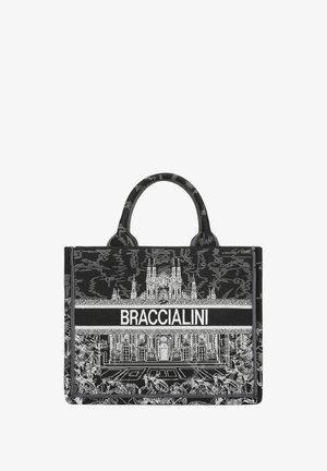 Zwarte stoffen handtas met geborduurd ontwerp met architectonische motieven en bladeren. Voorkant toont label "BRACCIALINI". Stevige dubbele handvatten.