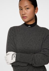 Grå stickad tröja med ribbade manschetter, med en liten svart logotyp på bröstet. Modellen har en svart turtleneck under och vita handskar.