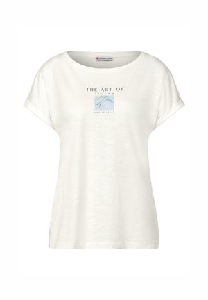 Biała koszulka z krótkim rękawem o luźnym kroju, z niebiesko-białym wzorem graficznym zawierającym napis "Sztuka życia - czas na relaks".