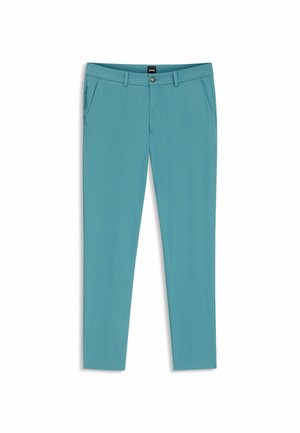 Türkise Slim-Fit-Hosen mit glatter Textur, ausgestattet mit einer Reißverschlusstasche, einem Knopfverschluss vorne und einem Standardbund.