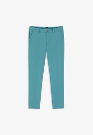 Turkusowe spodnie typu slim fit o gładkiej teksturze, z kieszenią na zamek, zapięciem na guzik z przodu oraz standardowym paskiem w talii.