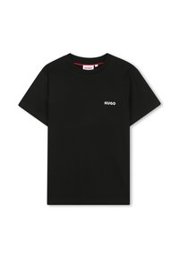 T-shirt en coton noir à manches courtes, col rond, avec un petit logo blanc "HUGO" sur la poitrine. Texture lisse, coupe classique.