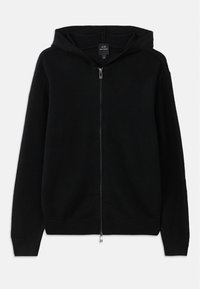 Sort zip-up hættetrøje lavet af strikket stof. Har en hætte, lange ærmer og ribbet manchetter og kant. Minimalistisk design uden mønstre.