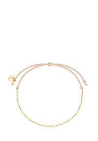 Auksinės spalvos apyrankė su tekstūruota grandine, reguliuojama šviesiai rožinė virvutė ir apvalus metalinis užsegimas, užtikrinantis saugų uždarymą.