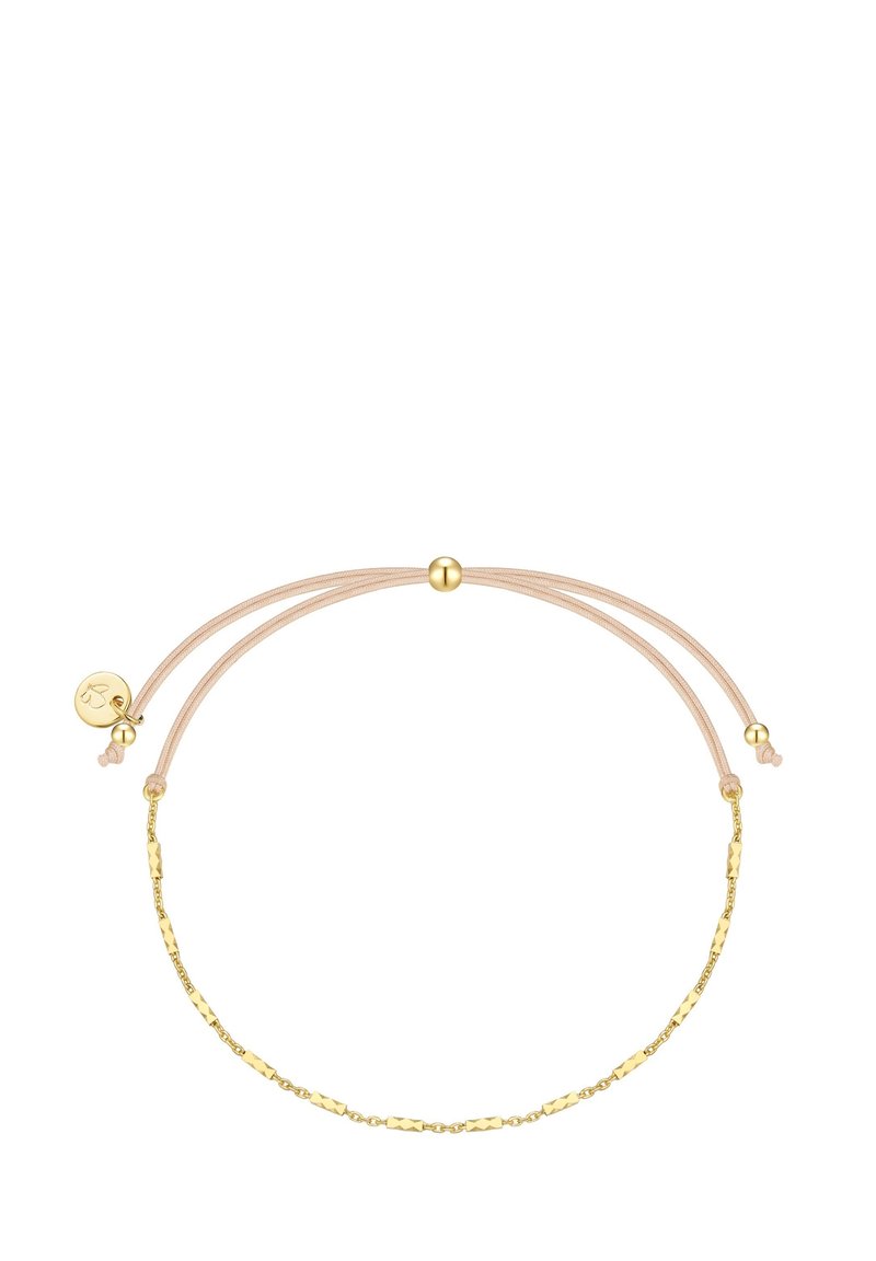 Auksinės spalvos apyrankė su tekstūruota grandine, reguliuojama šviesiai rožinė virvutė ir apvalus metalinis užsegimas, užtikrinantis saugų uždarymą.