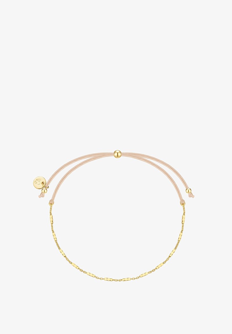 Auksinės spalvos apyrankė su tekstūruota grandine, reguliuojama šviesiai rožinė virvutė ir apvalus metalinis užsegimas, užtikrinantis saugų uždarymą.