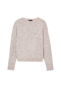 Maglione lavorato a maglia di un rosa chiaro con tessitura a costine, vestibilità ampia e dettagli variegati in tonalità di rosa più scure. Collo rotondo e maniche lunghe.