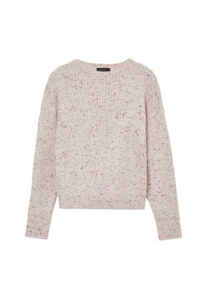 Maglione lavorato a maglia di un rosa chiaro con tessitura a costine, vestibilità ampia e dettagli variegati in tonalità di rosa più scure. Collo rotondo e maniche lunghe.