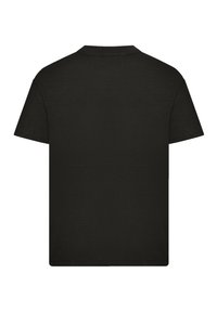 Schwarzes Baumwoll-T-Shirt mit Rundhalsausschnitt, kurzen Ärmeln und einem schlichten Rücken. Der Stoff wirkt glatt und hat keine sichtbaren Muster oder Akzente.