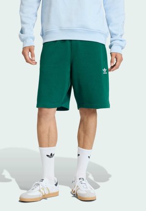 Mężczyzna w zielonych spodenkach Adidas, białych skarpetach adidas z podwiniętym mankietem, białych trampkach i jasnoniebieskiej bluzie, stoi na jednolitym tle.